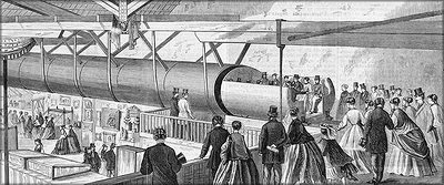 Прототип подвесной железной дороги Альфреда Эли Бича, изготовленный из фанеры. США, 1867 год  – общий вид