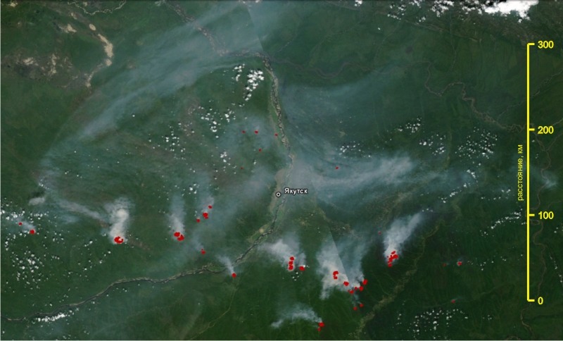 Схема расположения крупных очагов лесных пожаров в Республике Саха (Якутия) по состоянию на 13 июля 2011 года по данным пожарной информационной системы FIRMS