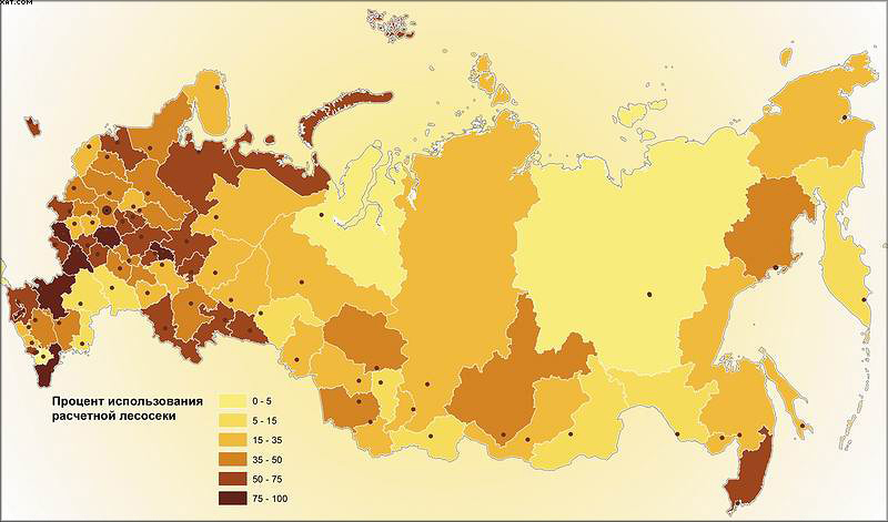 Рис. 3. Использование расчетной лесосеки в субъектах Российской Федерации в 2013 году (по данным Государственной программы «Развитие лесного хозяйства на 2013–2020 годы», приложение 1а) 