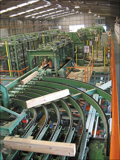 Профилирующая установка производства компании SAB для распиловки бревен длиной от 80 см на палетном заводе Costa, Португалия