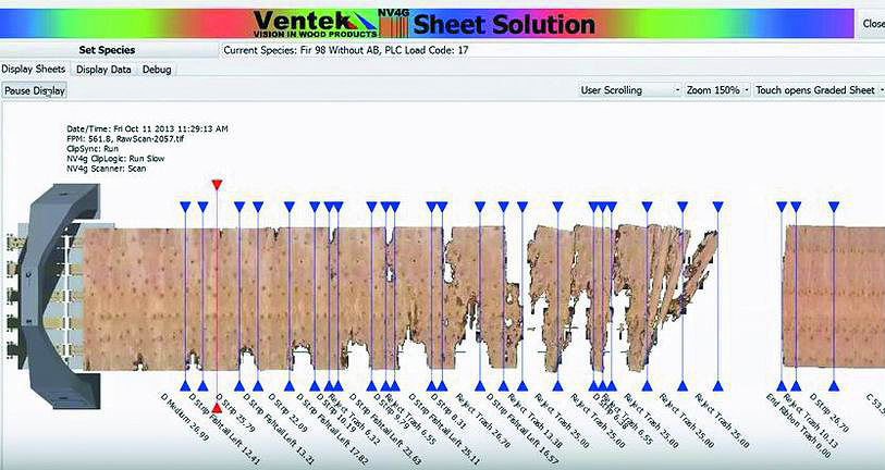 Рис. 1. Сканер Ventek Inc. и визуализация рубки ленты шпона на экране монитора