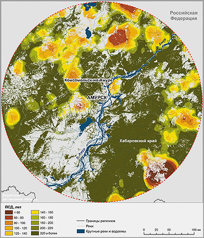 Карта расчетной периодичности смены древостоев в лесах в 200-километровой зоне вокруг г. Амурска