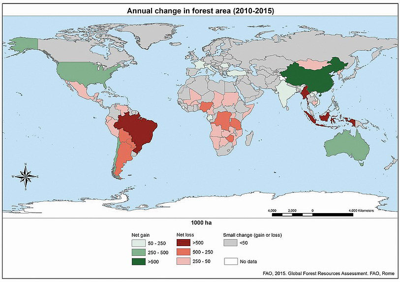 Рис. 2. Среднегодовые изменения площадей лесов по странам за пять лет с 2010 по 2015 гг.: серый цвет – нет изменений, зеленый – рост, красный – сокращение 