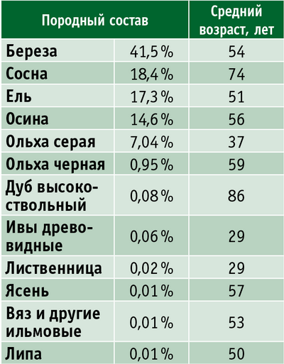 Таблица. Породный и возрастной состав лесов Новгородской области