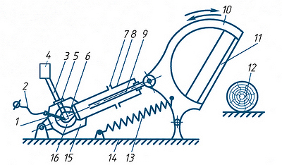 Рис. 1. Принципиальная схема работающего на порохе устройства для импульсного резания древесины