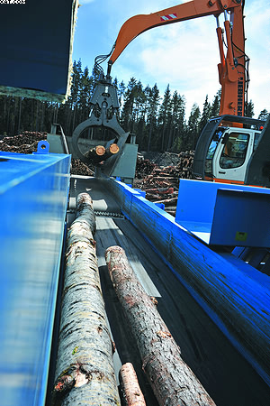 Подача дровяной древесины для измельчения в рубительной машине Hombak
