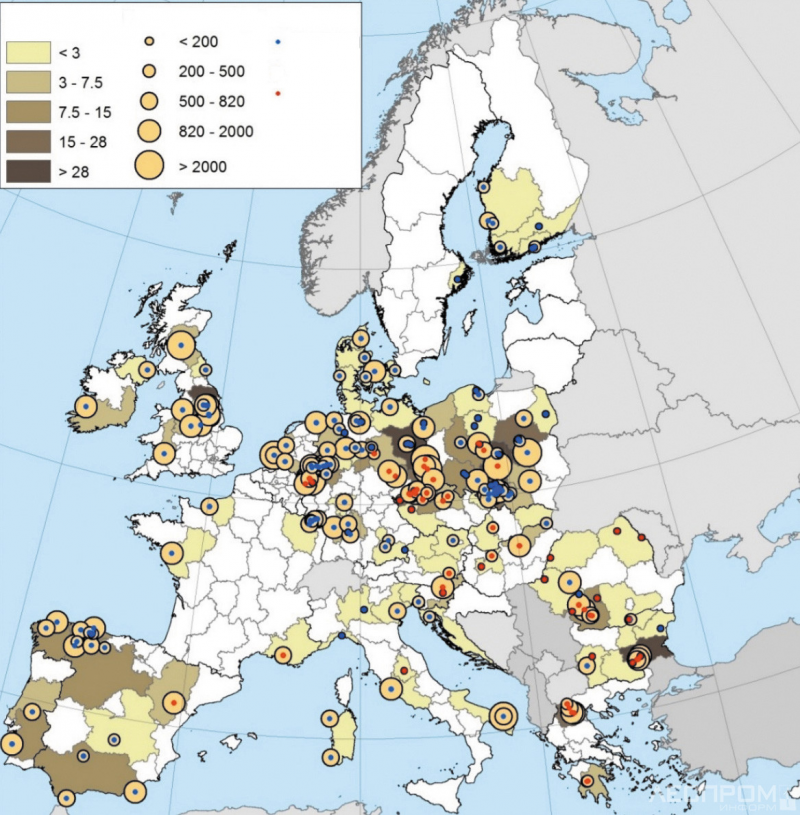 Рис. 2. Расположение угольных электростанций в ЕС с агрегированием мощностей и выбросов СО2.