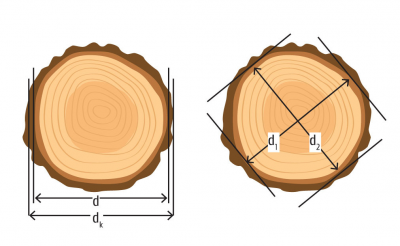 Рис. 1. Диаметр торца лесоматериала с корой (dk ) и без учета коры (d) и перекрестные измерения диаметра на торце
